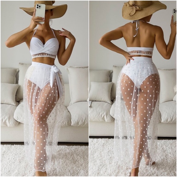 Rust brown Polka Dot Bikini Skirt Beach Swim Set - Picture 10 of 11